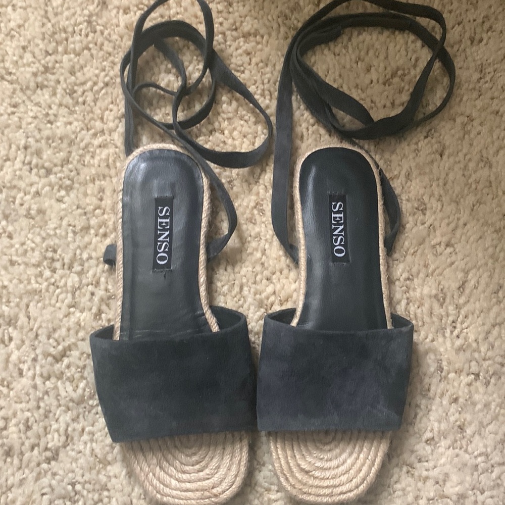 size 6 slightly worn , flat tie up suede espadrilles.
